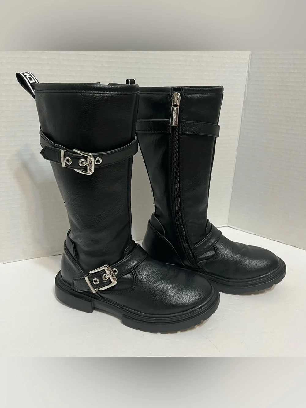DKNY Black Girls' Mid-Calf Buckle Moto Style Boots EUC Size 12